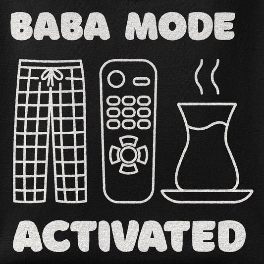 Close-up of the Baba Mode Activated print showing ink detail on the fabric
