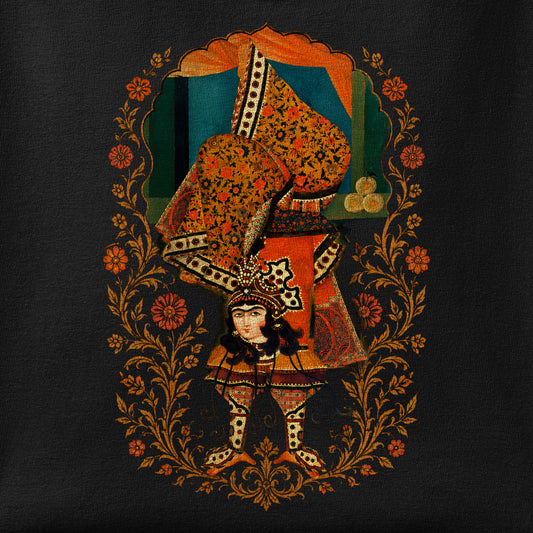 Close-up of the Balancing, Qajar Style print showing ink detail on the fabric