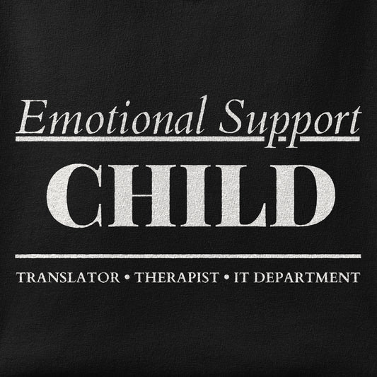 Close-up of the Emotional Support Child print showing ink detail on the fabric