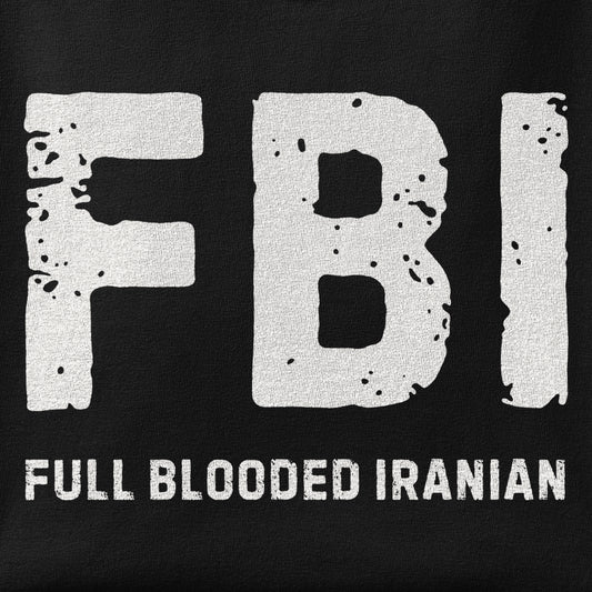 Close-up of the FBI, Full Blooded Iranian print showing ink detail on the fabric