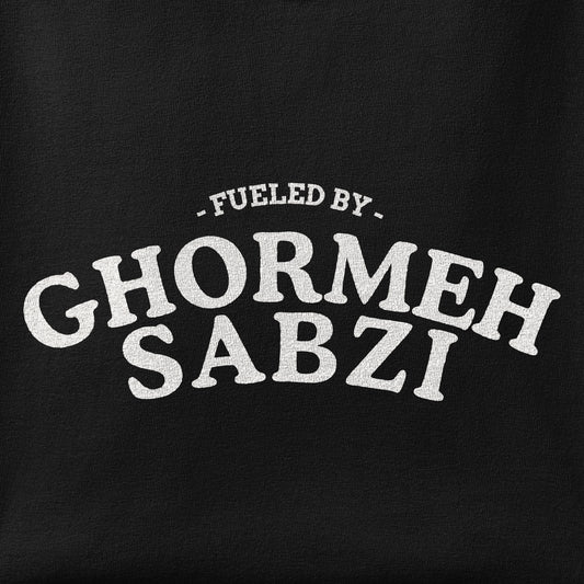 Close-up of the Fueled by Ghormehsabzi print showing ink detail on the fabric