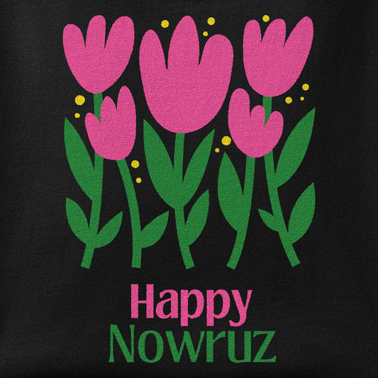 Close-up of the Happy Nowruz Tulips print showing ink detail on the fabric