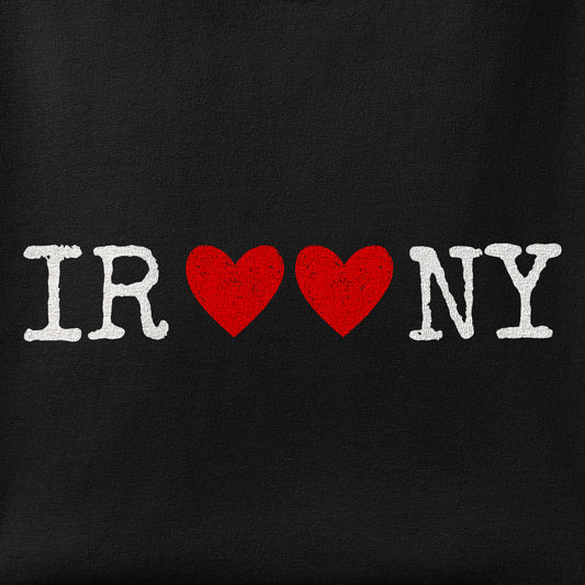 Close-up of the IROONY print showing ink detail on the fabric