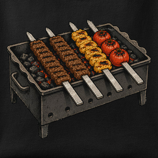 Close-up of the Kabab Graphics print showing ink detail on the fabric