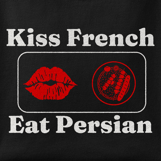 Close-up of the Kiss FrenchEat Persian print showing ink detail on the fabric