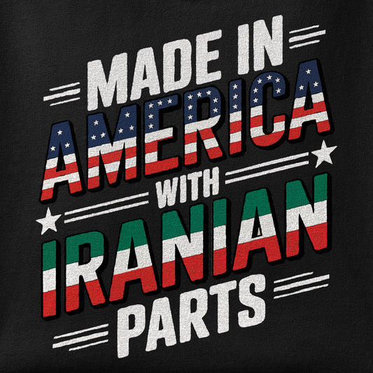 Close-up of the Made in America, with Iranian Parts print showing ink detail on the fabric
