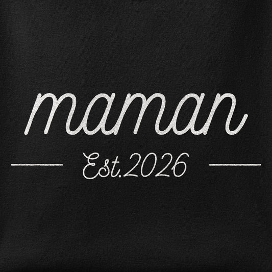 Close-up of the Maman, Est 2026 print showing ink detail on the fabric