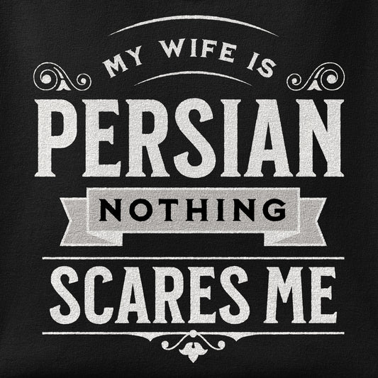 Close-up of the My Wife is Persian, Nothing Scares Me print showing ink detail on the fabric