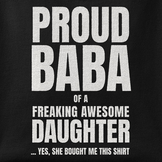 Close-up of the Proud Baba of a Daughter print showing ink detail on the fabric