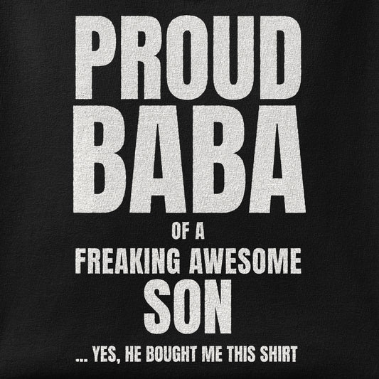 Close-up of the Proud Baba of a Son print showing ink detail on the fabric