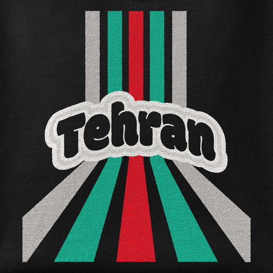 Close-up of the Retro Tehran print showing ink detail on the fabric