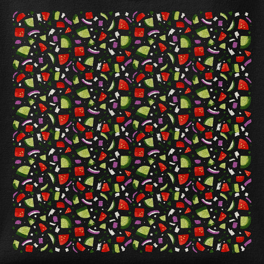 Close-up of the Salad Shirazi print showing ink detail on the fabric