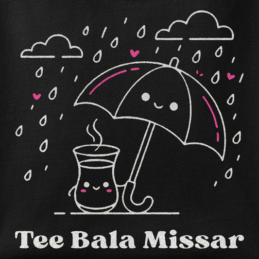 Close-up of the Tee Bala Missar print showing ink detail on the fabric