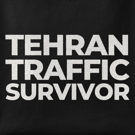 Close-up of the Tehran Traffic Survivor print showing ink detail on the fabric