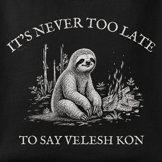 Close-up of the Velesh Kon Sloth print showing ink detail on the fabric