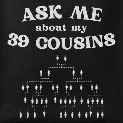 Close-up of the 39 Cousins print showing ink detail on the fabric