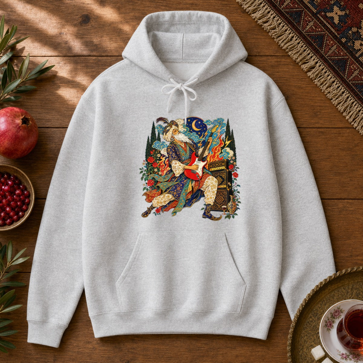 Khayyam on Guitar Hoodie - Ash