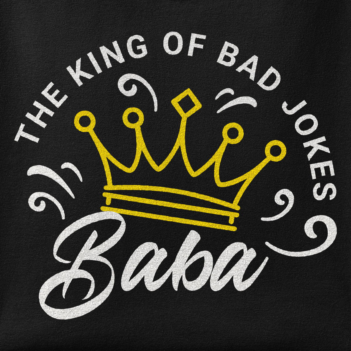 Close-up of the Baba - Bad Jokes King print showing ink detail on the fabric