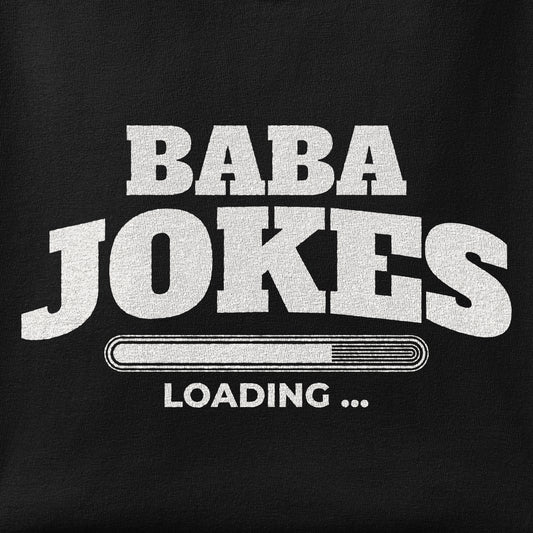 Close-up of the Baba Jokes Loading print showing ink detail on the fabric
