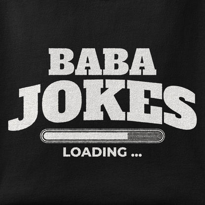 Close-up of the Baba Jokes Loading print showing ink detail on the fabric