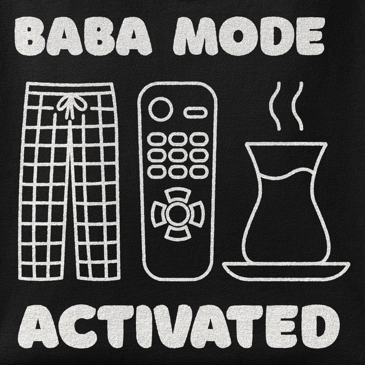 Close-up of the Baba Mode Activated print showing ink detail on the fabric