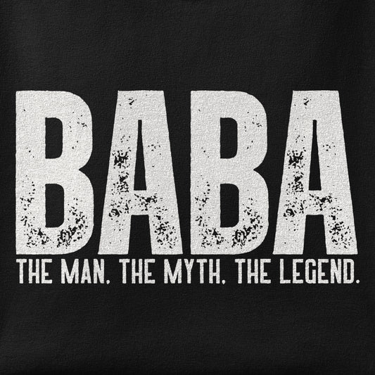 Close-up of the Baba, The Man. The Myth, The legend print showing ink detail on the fabric