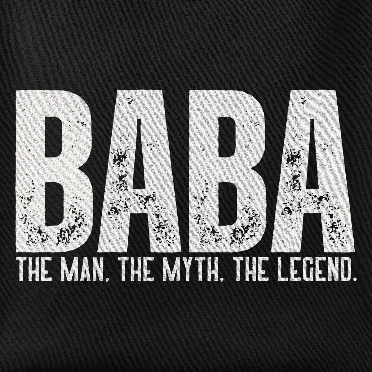 Close-up of the Baba, The Man. The Myth, The legend print showing ink detail on the fabric