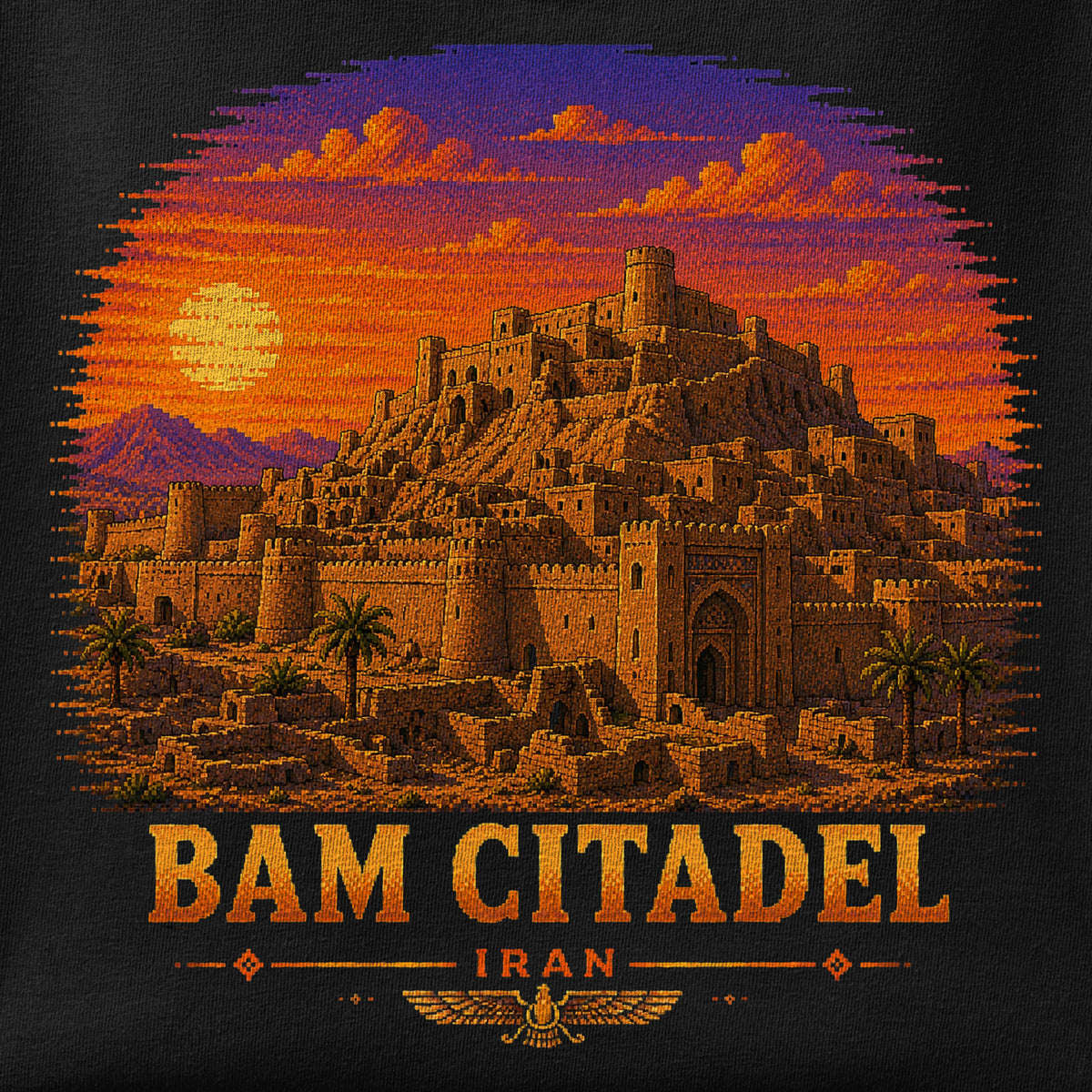 Close-up of the Bam Citadel - Pixel Art print showing ink detail on the fabric