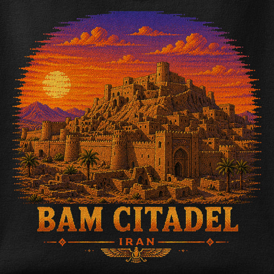 Close-up of the Bam Citadel - Pixel Art print showing ink detail on the fabric