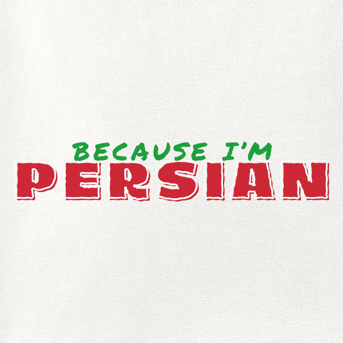 Close-up of the Because I'm Persian print showing ink detail on the fabric