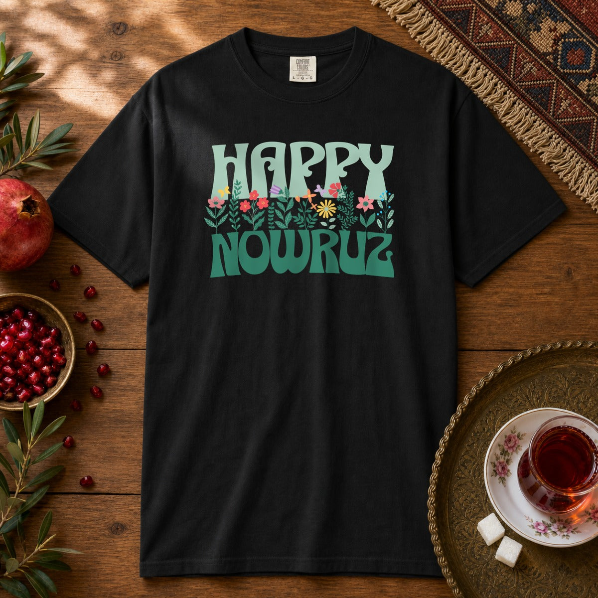 Happy Nowruz Floral Premium Tee - Black