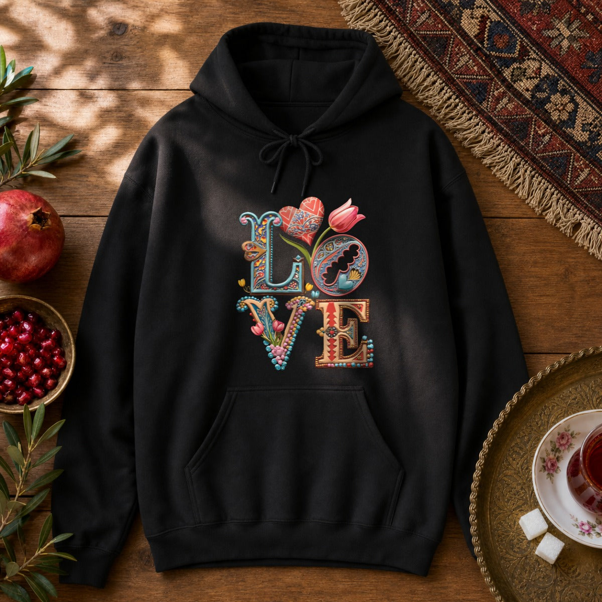 Persian Love Blossoms Hoodie - Black