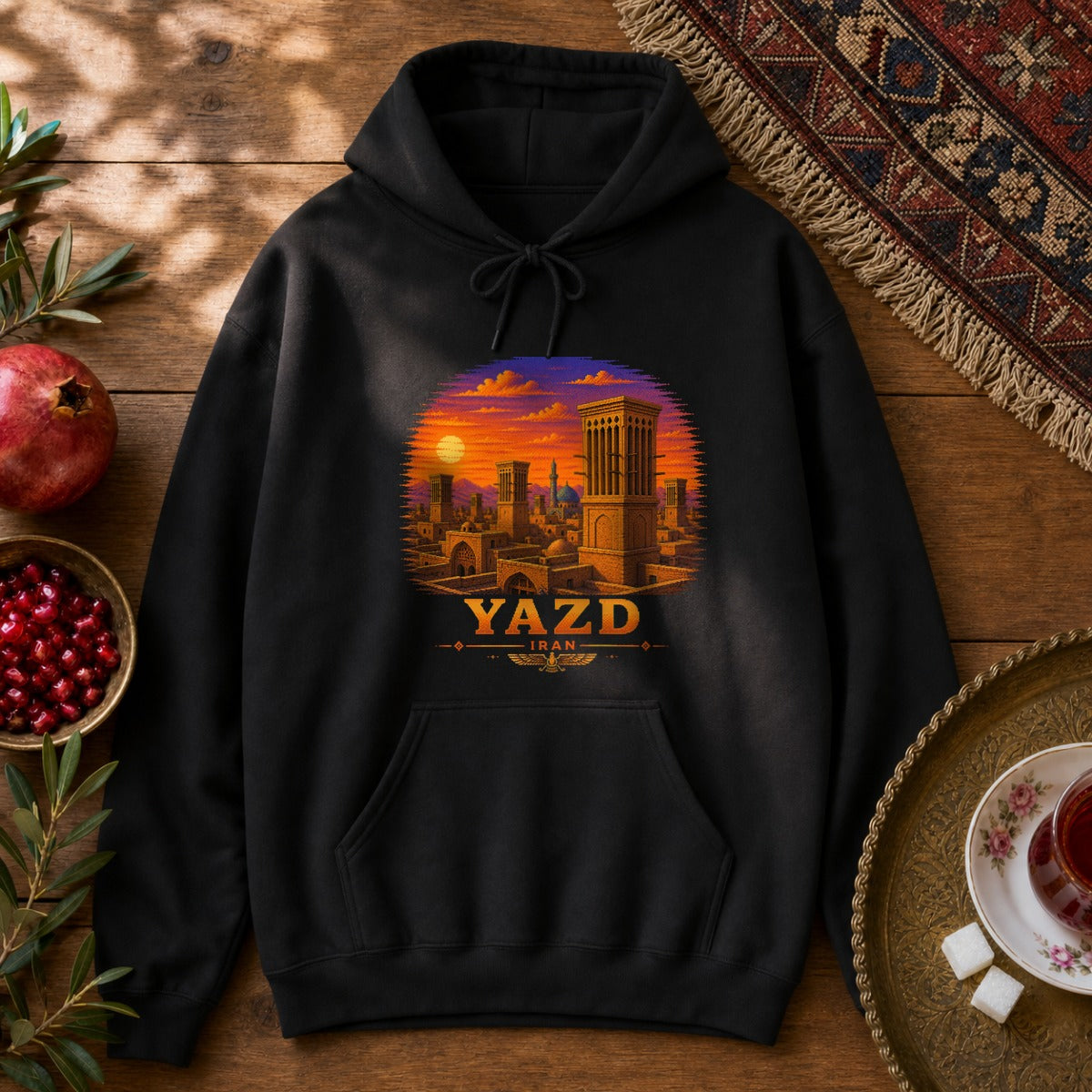 Yazd Windcatchers - Pixel Art Hoodie - Black