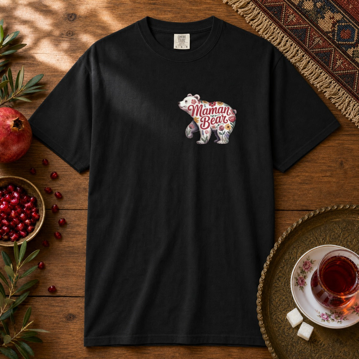 Maman Bear Floral - Chest Print Premium Tee - Black