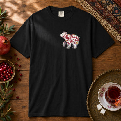 Maman Bear Floral - Chest Print Premium Tee - Black