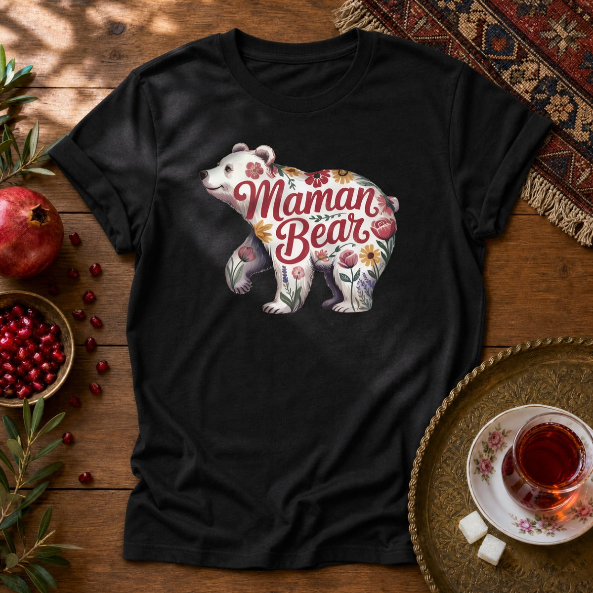Maman Bear Floral Full Unisex T-Shirt - Black
