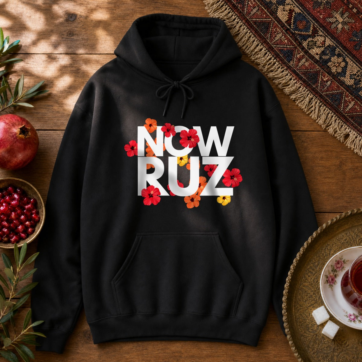 Nowruz - Floral Typography Hoodie - Black