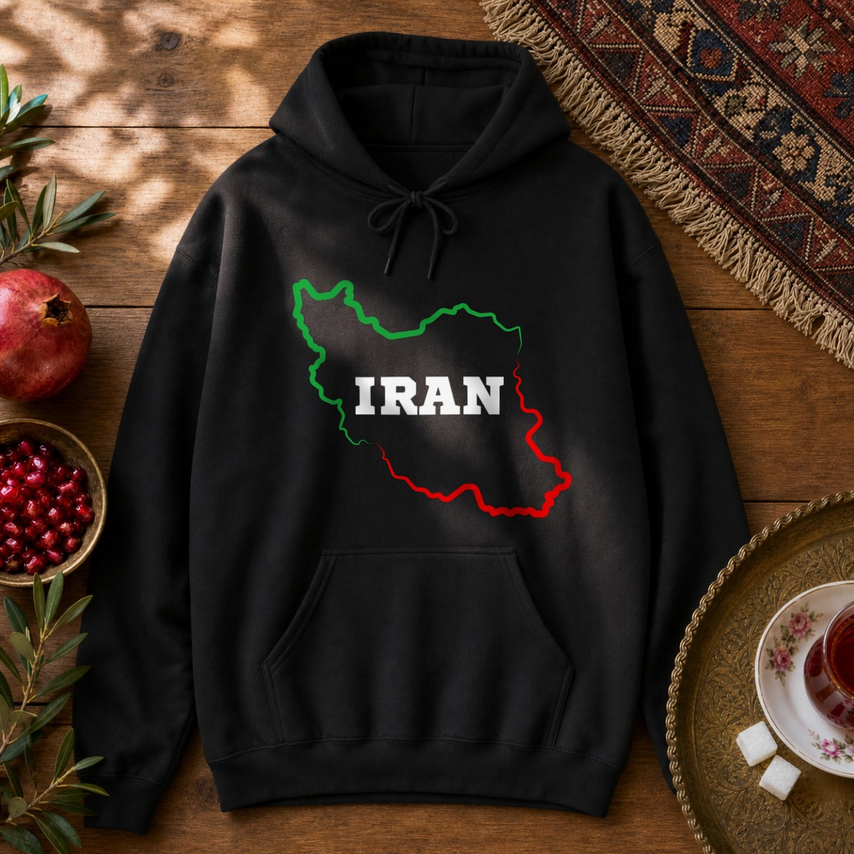 Iran Map - Flag Colors Hoodie - Black