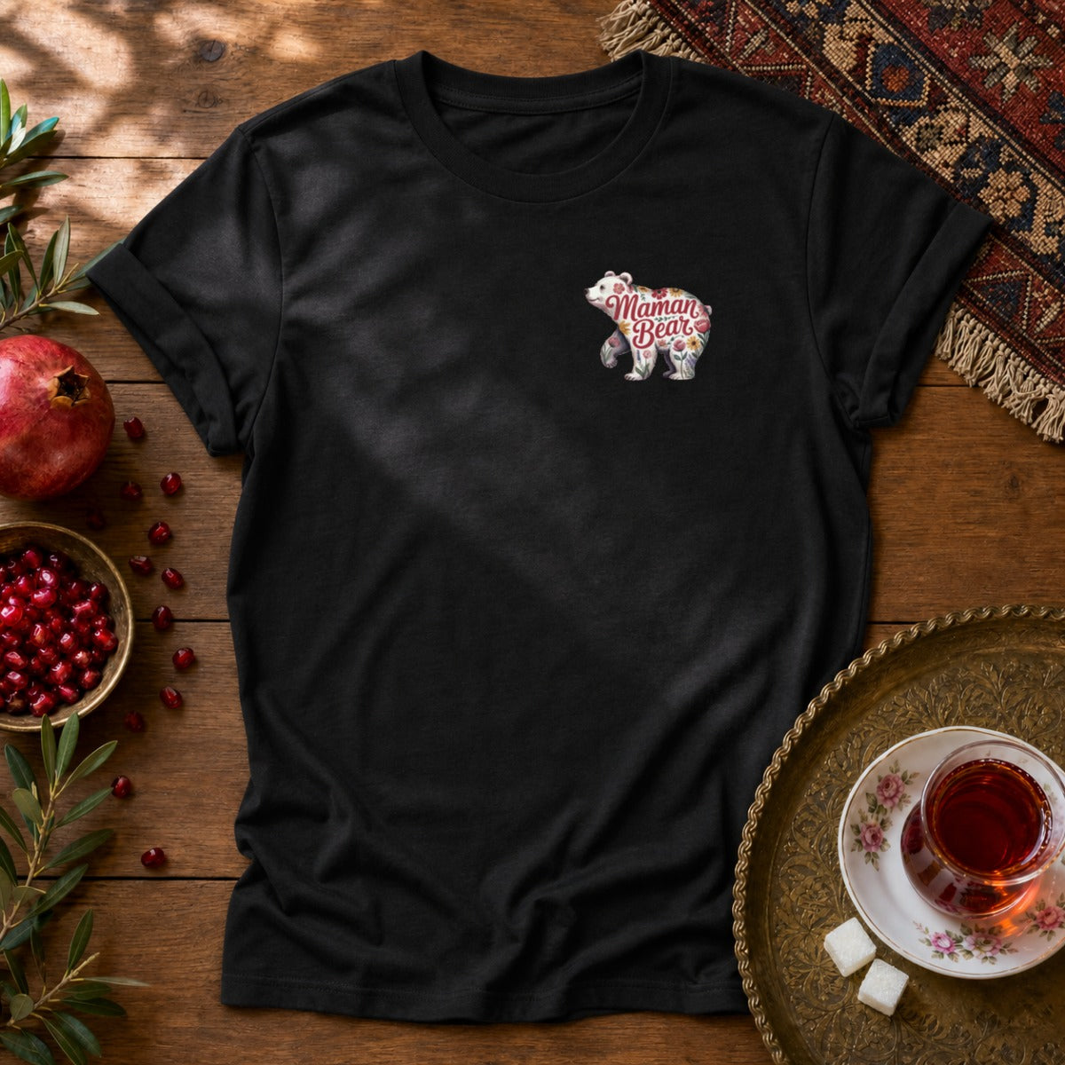Maman Bear Floral Unisex T-Shirt - Black