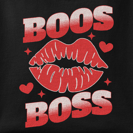 Close-up of the Boos Boss print showing ink detail on the fabric