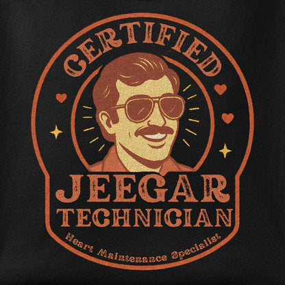 Close-up of the Certified Jeegar Technician print showing ink detail on the fabric