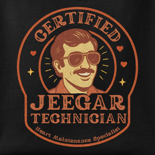 Close-up of the Certified Jeegar Technician print showing ink detail on the fabric