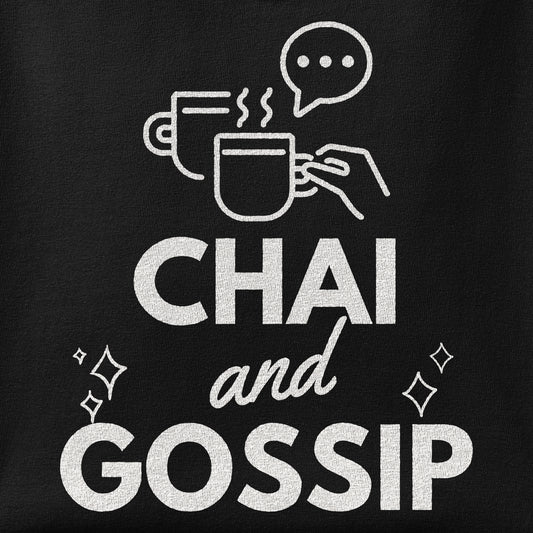 Close-up of the Chai and Gossip print showing ink detail on the fabric
