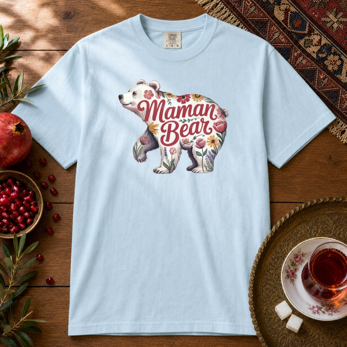 Maman Bear Floral  Premium Tee - Chambray