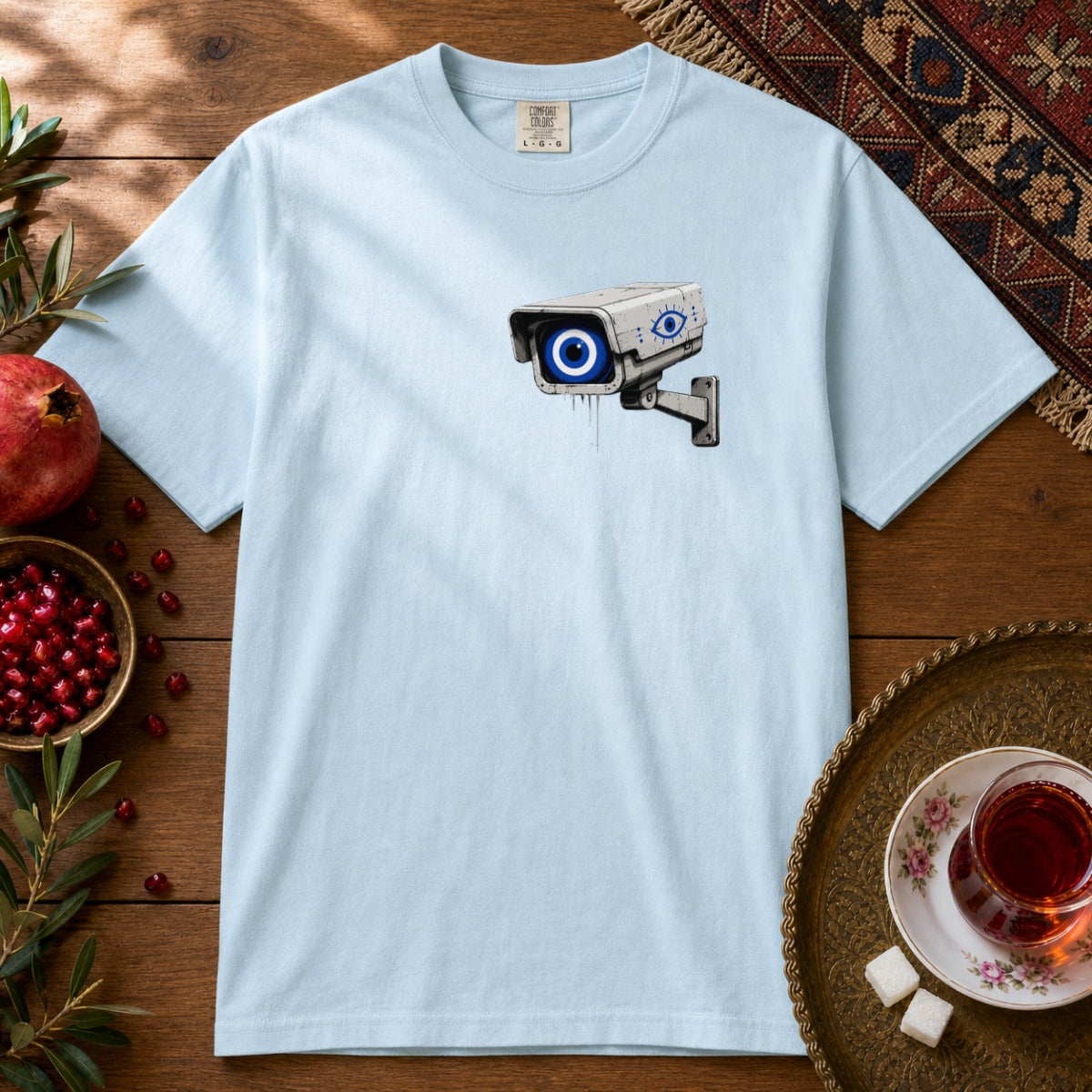 Evil Eye Watching Premium Tee - Chest Print - Chambray