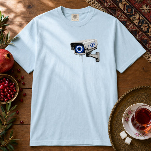 Evil Eye Watching Premium Tee - Chest Print - Chambray