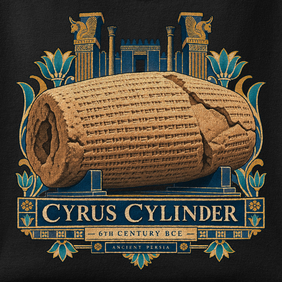 Close-up of the Cyrus Cylinder print showing ink detail on the fabric