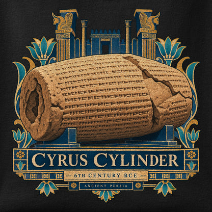 Close-up of the Cyrus Cylinder print showing ink detail on the fabric