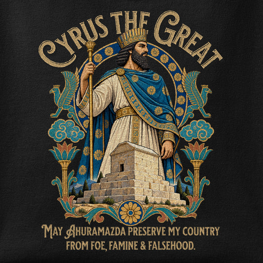 Close-up of the Cyrus the Great print showing ink detail on the fabric