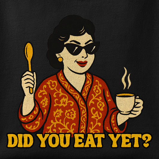 Close-up of the Did you eat yet 1 print showing ink detail on the fabric